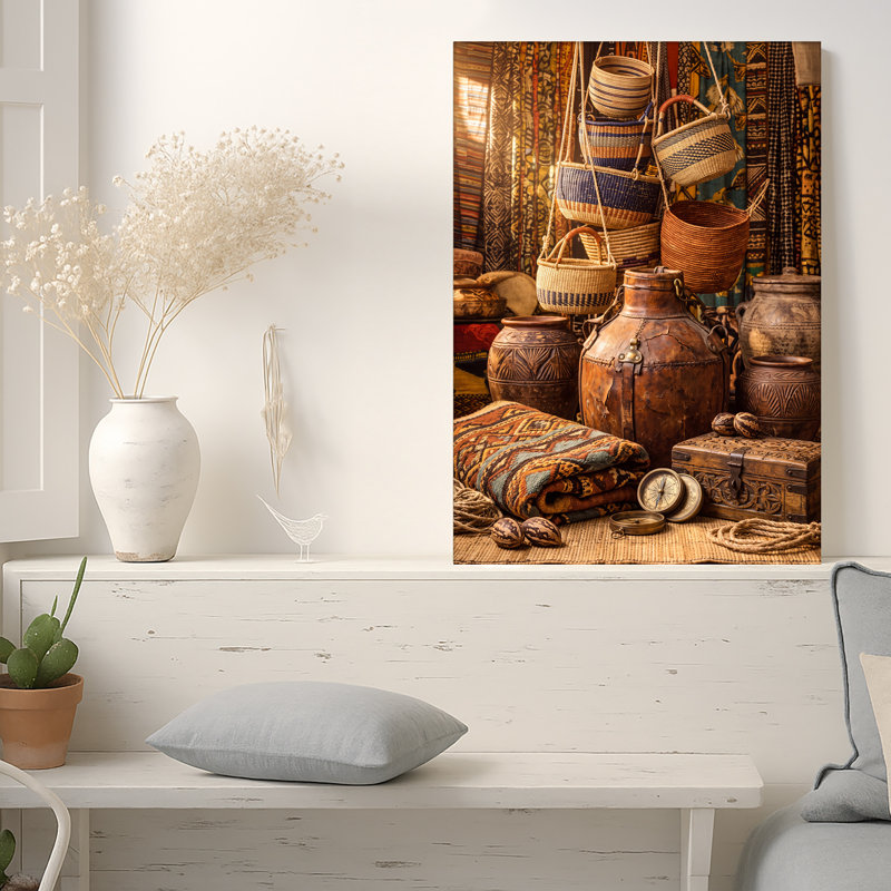 Art mural sur toile, paniers suspendus et poterie en bois dans des tons terreux rustiques, H 30 po x l 20 po