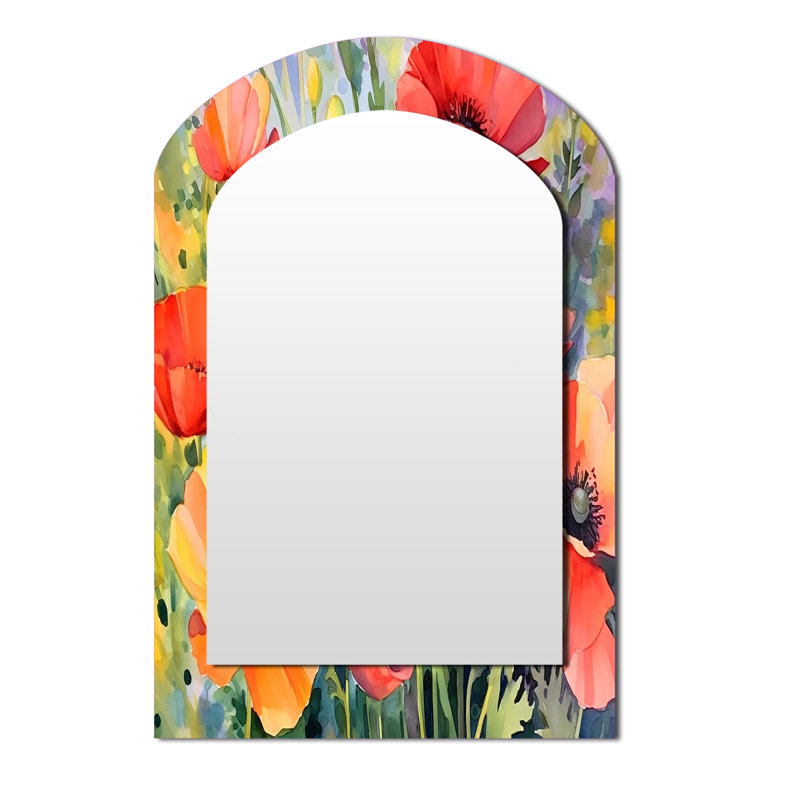 Vibrant Poppies I - Floral Arch Decorative Mirror, Traditional Asymmetrical Large Wall Mirror, Printed Metal Art, 43" x 33"