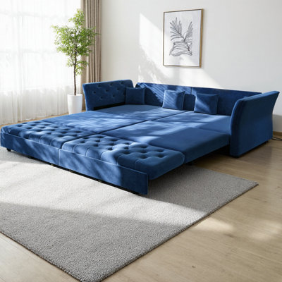 74.4" Queen Pull Out Sofa Bed, Convertible Sleeper with Handmade Flower Tufting & Velvet Upholstery, 3-Seater Sofa Multi-Functional Loveseat Bed for Living Room, Bedroom, Apartment