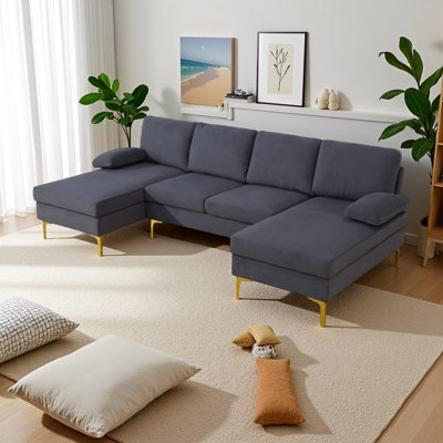 Ensemble de canapé en flanelle 3 pièces en forme de U - Tissu pelucheux à poils courts avec structure en bois massif et pieds en métal - Confort éponge anti-froissement, anti-insecte et haute densité