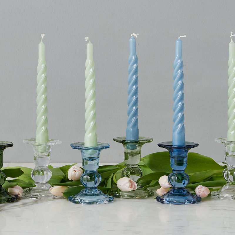 Glass Scalloped Candlesticks, Clear/Denim/Navy