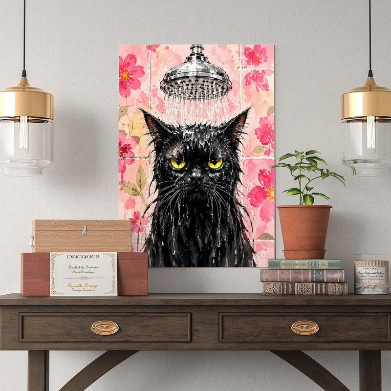 Toile, art mural, chat noir, rose, décoration de salle de bain, affiche rétro, décoration intérieure, 12 po x 18 po