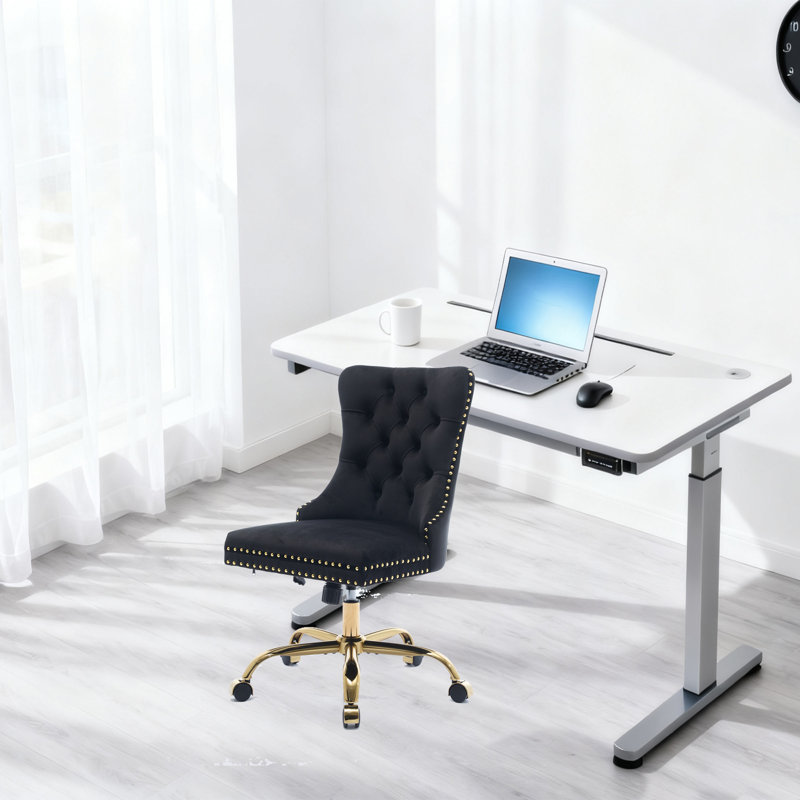 Office Chair,Modern Velvet Upholstered Tufted Button Home Office Chair with Golden Metal Base,Adjustable Desk Chair Swivel Office Chair