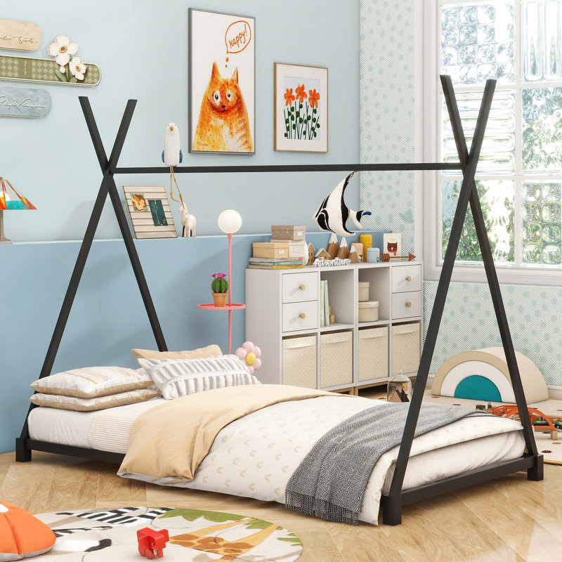Metal House Platform Bed With Triangle Structure, Black