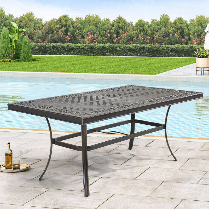 Table de salle à manger de patio rectangulaire en aluminium coulé avec trou pour parasol
