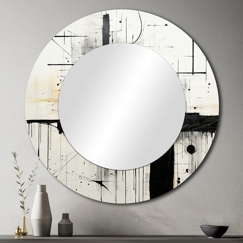 Gris et noir fantaisie horizon - peinture murale abstraite, miroir rond moderne, impression d'art en métal, 36 po x 36 po