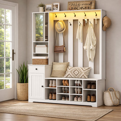 Hall Tree With Bench And Shoe Storage, Farmhouse Entryway Bench With Coat Rack And Fabric Drawer, 11 Coat Hooks And 10 Shoe Cubbies, Led Lights, Rotat by Red Barrel Studio