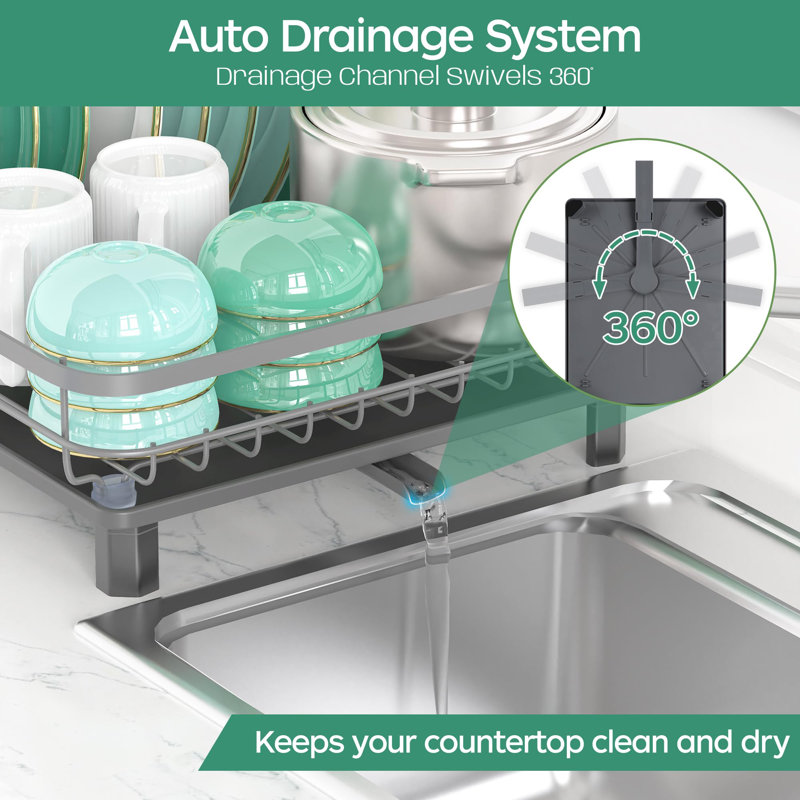 Dark Gray Stainless Steel Dish Drying Rack with Utensil Holder