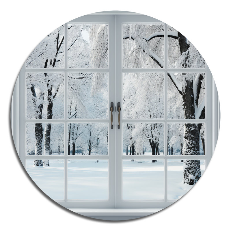 Winter Forest Window Views I - Paysages, art rond en métal, H 36 po x l 36 po