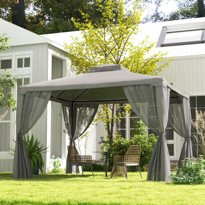 Pavillon de jardin 9,6 pi x 11,6 pi, abri de jardin avec toit à 2 niveaux et filet, structure en acier pour le jardin, la cour et la terrasse