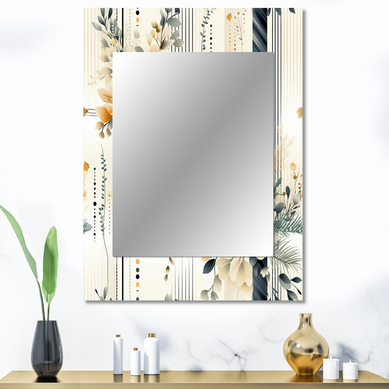 Shiena Neutral Greys Flowers Accents - botanical  Large Mirror, Boho Decorative Wall Mirror, Printed Metal Art, 40" x 30"