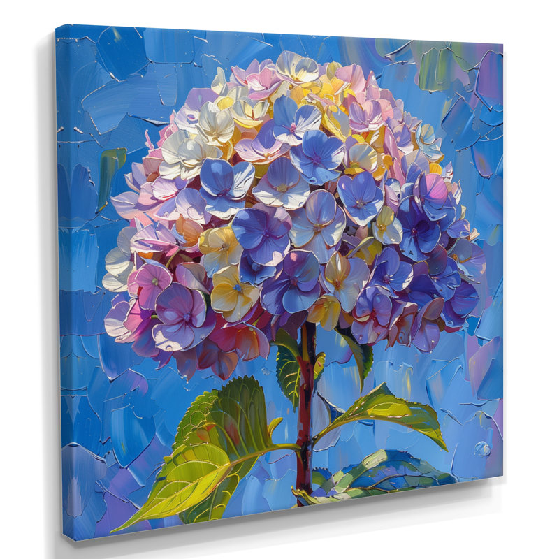 Décoration murale hortensia mauve et jaune, H 16 po x l 16 po, Toile tendue