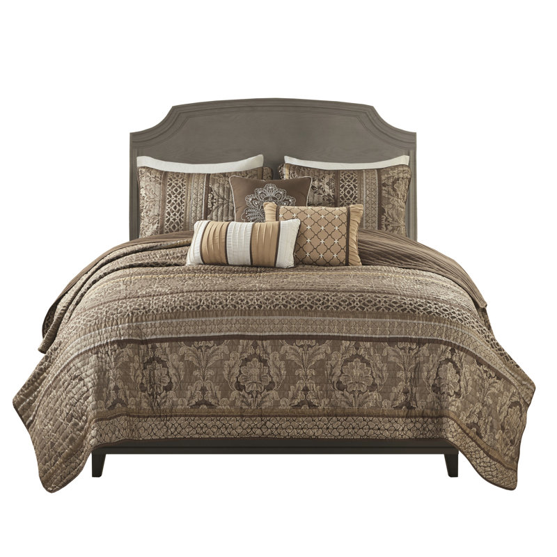 Courtepointe pour lit double / grand lit - brun et or, motifs de feuilles, détails du coussin de broderie, coutures réversibles de qualité brun / or, coussins décoratifs