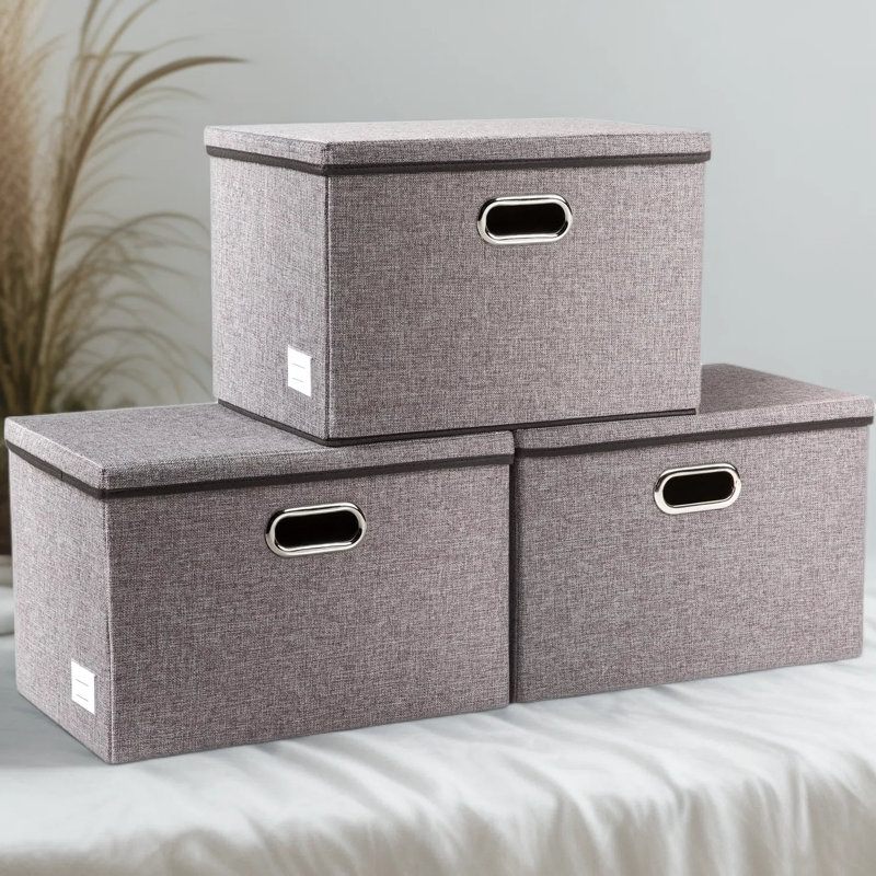 Grands bacs de rangement pliables avec couvercles, paquet de 3 boîtes de rangement pliables en mélange de coton avec couvercles