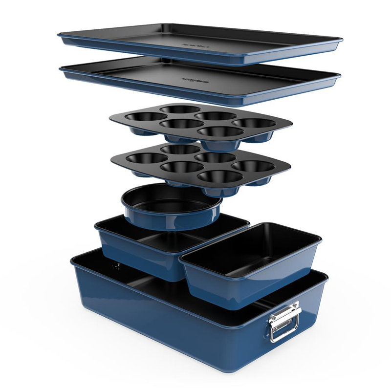 Nutrichef 8-Piece Nonstick Bakeware Set - Baking Tray Set W/Non-Stick Coating, 450°F Oven Safe, Round Cake, Loaf, Muffin, Wide/Square Pans, Cookie Sheet (Blue)