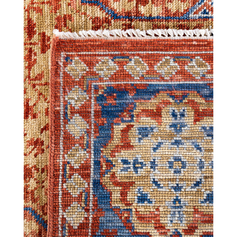 Rust and Blue Hand-Knotted Wool Rectangular Area Rug