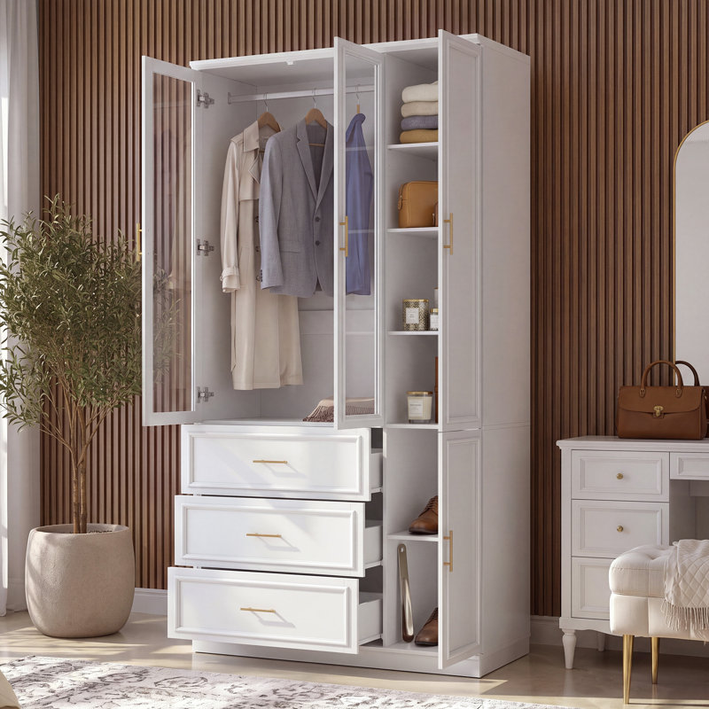 Armoire en bois massif à 3 portes de 220 cm de hauteur, avec portes vitrées, 3 tiroirs et tringle à vêtements.