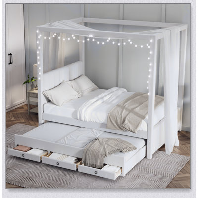 Lit plateforme à baldaquin avec lit gigogne et trois tiroirs de rangement Upholstery