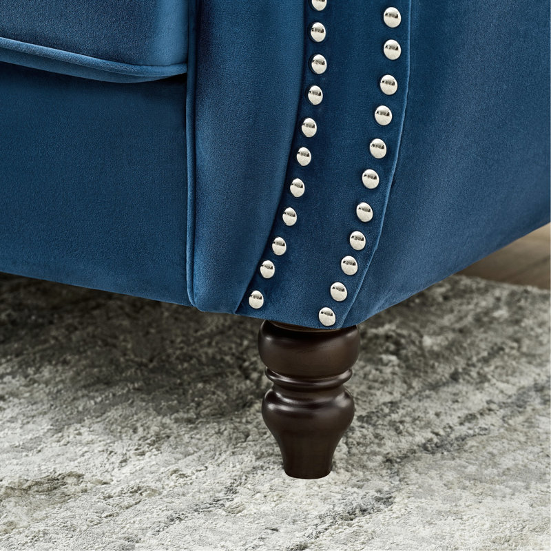 Canapé 2 places 165 cm avec revêtement en velours bleu, accoudoirs arrondis, clous décoratifs, design moderne du milieu du siècle, structure en pin massif, assise mi-ferme, ressorts et mousse haute densité, idéal pour le bureau.