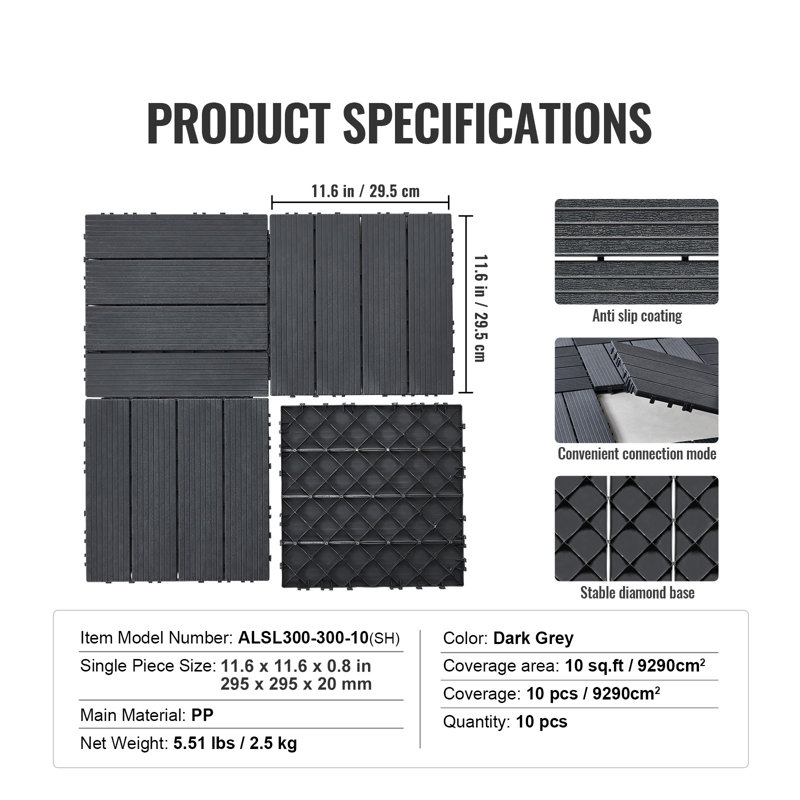 Dalles de terrasse emboîtables, paquet de 10, 30,5 x 30,5 cm (12 po x 12 po), 0,93 m² (10 pi²), revêtement de sol extérieur imperméable en plastique, résistant aux intempéries, idéal pour terrasse, porche, balcon, jardin, gris foncé