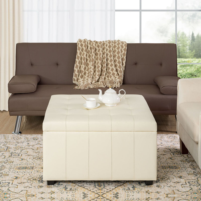 Banc de rangement avec repose-pieds Ashwika Vegan, Similicuir crème