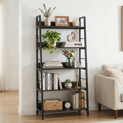 59.2" Ladder Bookcase, Rustic Industrial Wood Bookshelf Bookcase For Living Room, Bedroom, Home Office