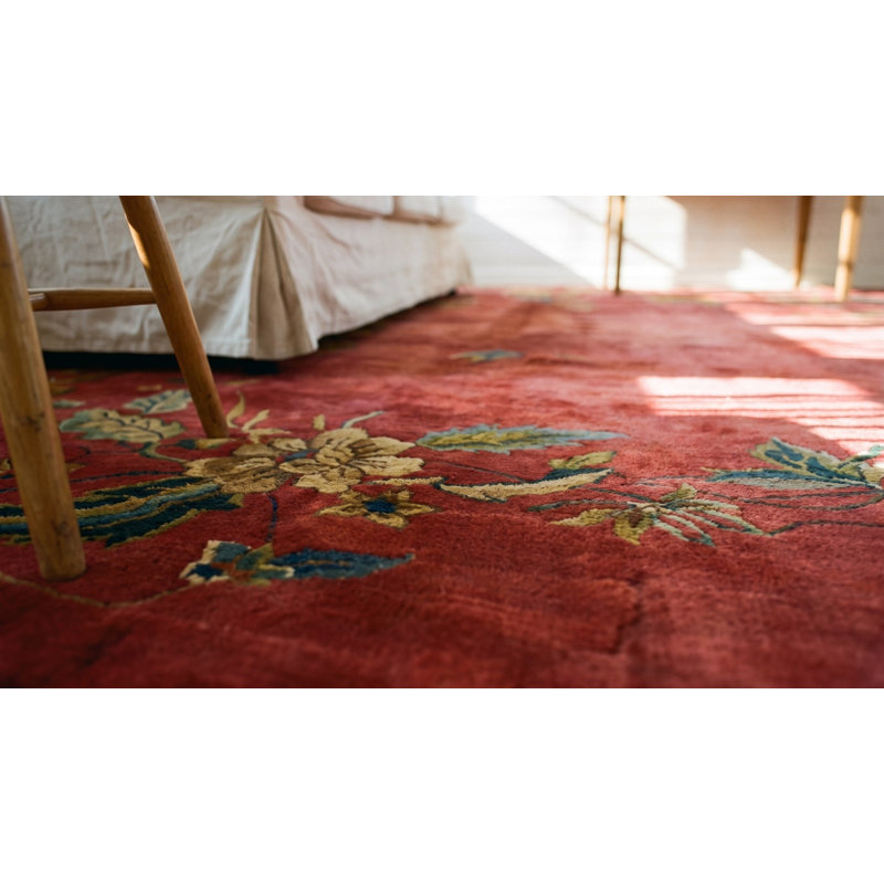 Tapis art déco chinois en laine noué à la main rouge / rouille antique des années 1920