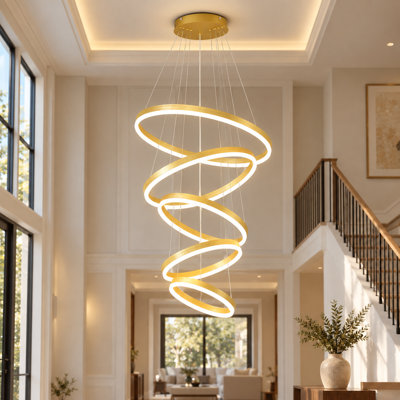 Lustre moderne à anneaux DEL, lustre doré à 7 anneaux pour plafonds clairs, suspension à intensité variable pour hall d'entrée, escalier, salon ou pièce à vivre.