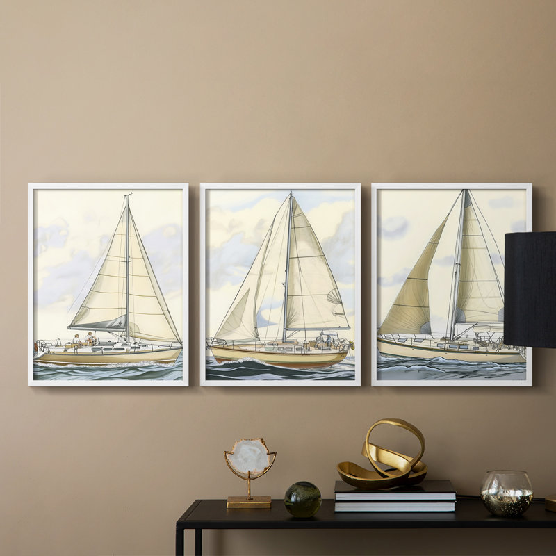 Série 9 Sea and Shore - Ensemble de 3 estampes numériques - Prêt à accrocher, Cadre blanc, H 20 po x l 16 po