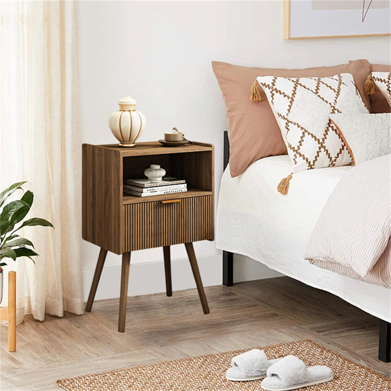 Modern Nightstand With Storage Drawer – Compact & Stylish, Walnut Brown