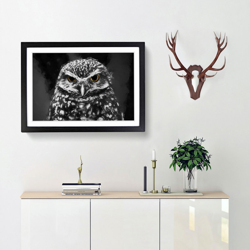 Little Owl in Abstract - Picture Frame Art Print, 40cm H x 60cm W x 2cm D, Black