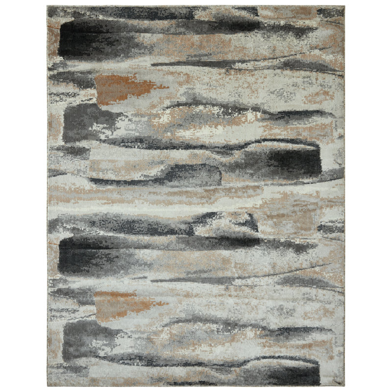 Tapis abstrait beige / gris / caramel Strato Driftwood Layers, Rectangle 4pi x 6 pi