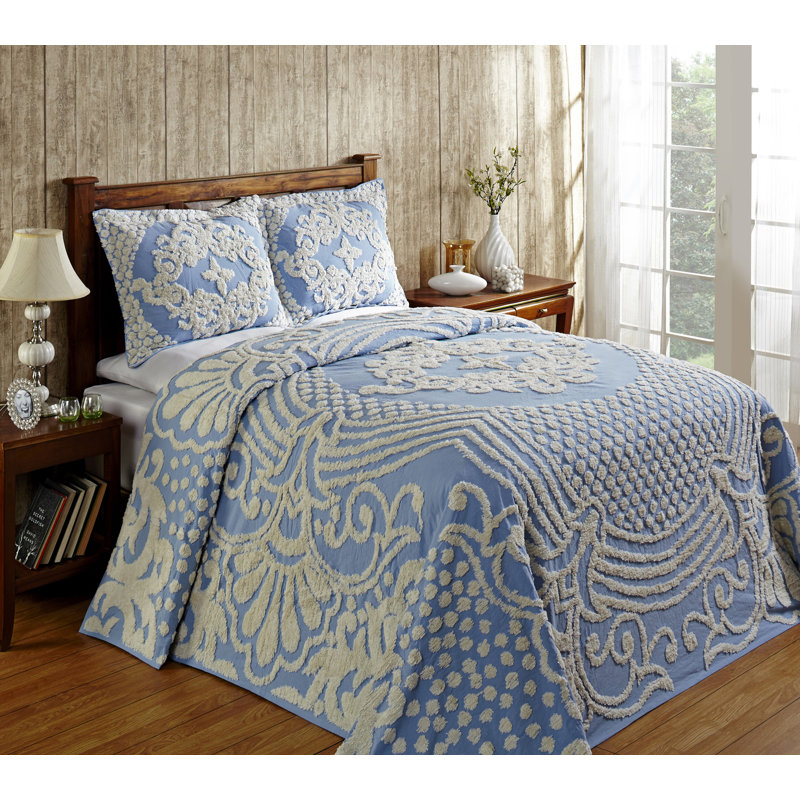Florence Standard 100% Cotton Floral Pattern Coverlet/Bedspread, Blue, Twin Bedspread