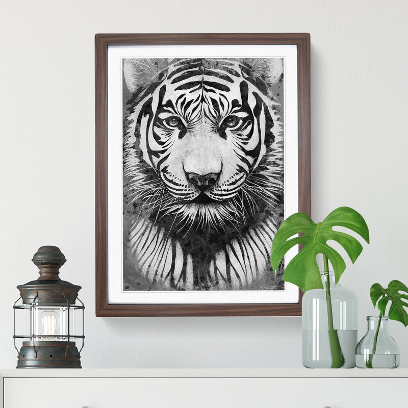 Monochrome Tiger No.5 - Framed Print, 46cm H x 34cm W x 2cm D, Walnut