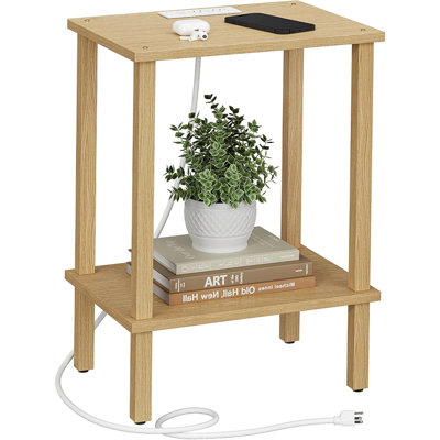 Natural End Table With Charging Station, Small Side Table With Power Outlets, 2-tier Nightstand & Storage Shelf For Living Room, Bedroom & Small Spaces
