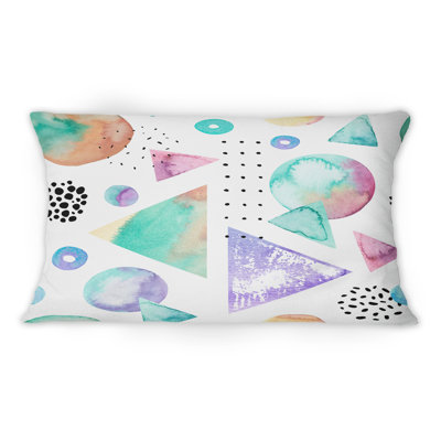 Coussin décoratif rétro à motif de triangles, cercles et pois sur fond blanc