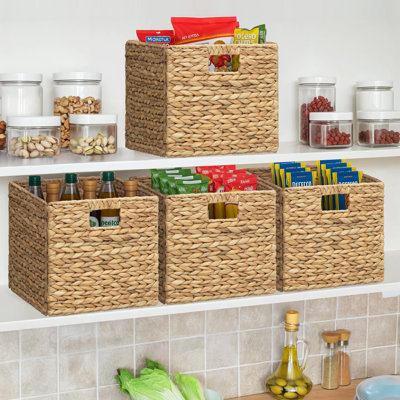 11" W x 11" D Square Natural Water Hyacinth Hand Woven Rattan Wicker Storage Basket Set with Iron Wire Frame (Set of 4)