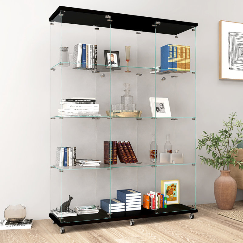 Gracelino 66.5" Tall Glass China Cabinet Curio Display Stand with 2 Lockable Doors and Open Storage Shelf, Black