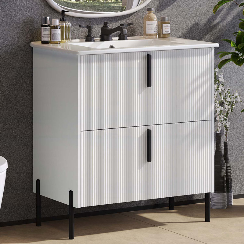 Meuble-lavabo 30 po avec lavabo en céramique, Blanc/Noir