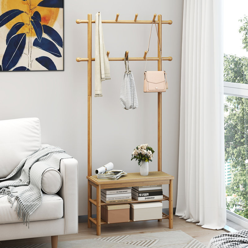 Portemanteaux en bambou avec rangement pour chaussures 2 tringles à suspendre 11 tablettes à crochets suspendus beige, Beige