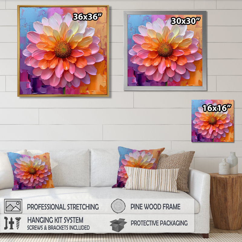 «Dahlia II», art mural rose et orange vif, H 16 po x l 16 po x P 1 po, Cadre simple noir