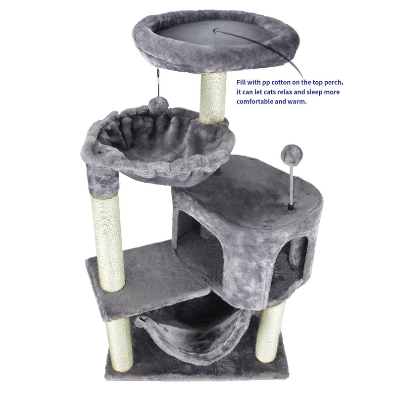 Gray Faux Fur Cat Tree with Condo and Hammock