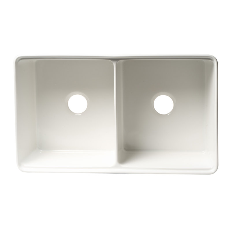 ABFS3320D-W White 33" x 20" Workstation Double Bowl Step Rim Fireclay Farm Sink with Accessories, White