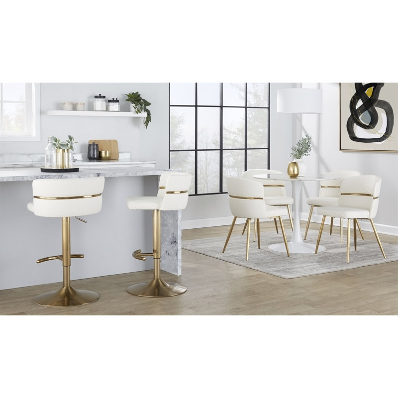 Tabouret réglable avec pivot en métal doré et similicuir blanc avec repose-pieds arrondi en T - ensemble de 2