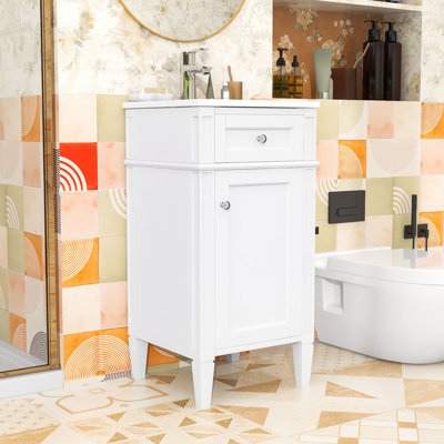 Meuble-lavabo de salle de bain avec lavabo en céramique, porte à fermeture en douceur, tablette réglable en forme de U et pieds en bois massif