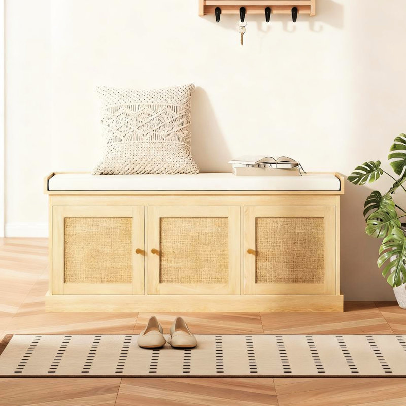 Banc de chambre à coucher avec portes tressées et housse de coussin amovible, Cream/White Oak