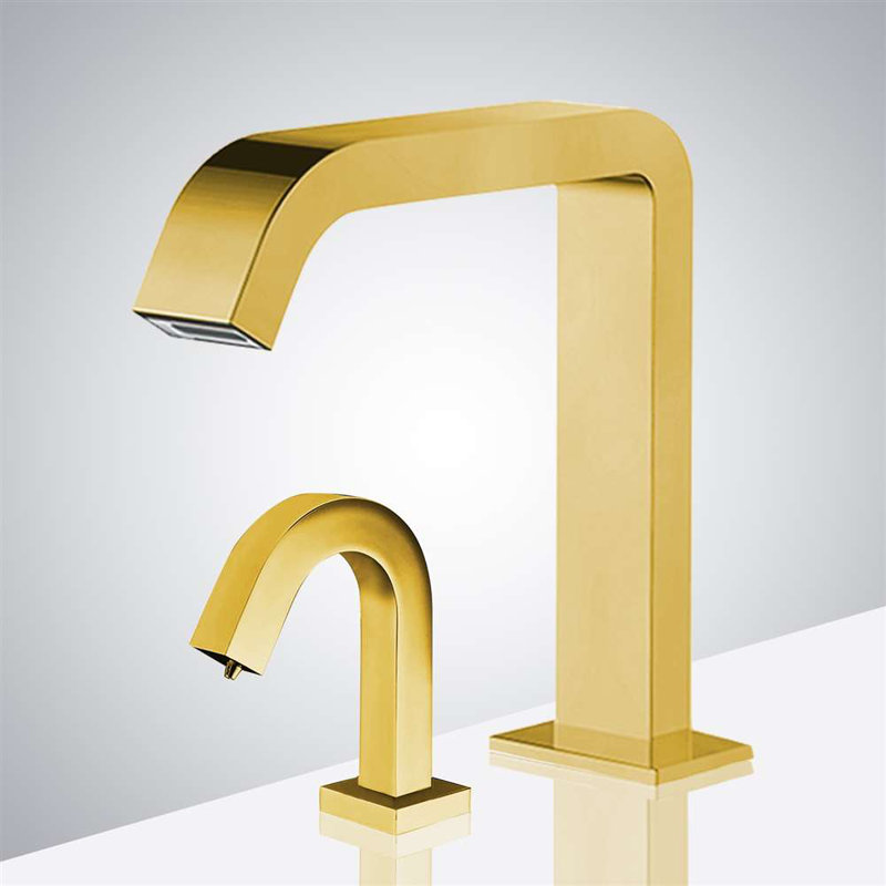 Fontana Commercial Automatic Sensor Faucet In Gold And Touchless Automatic Sensor Liquid Soap Dispenser, Gold