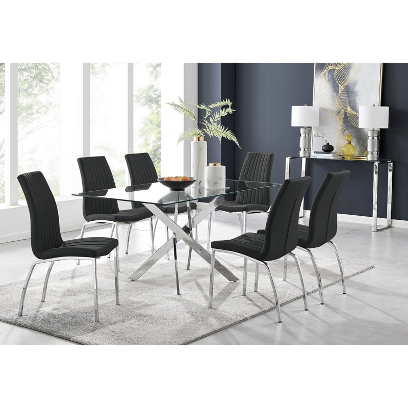 Lenworth Modern Chrome Metal and Glass Dining Table Set with 6 Luxury Faux Leather Dining Chairs, Black