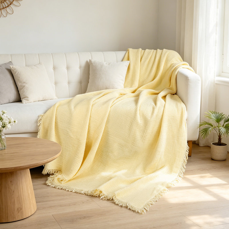 Jeté à franges 100% coton, Jaune