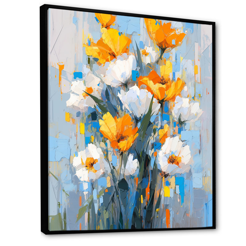 «Blue and Yellow Tulip Strip Expression», reproduction d'art sur tulipes, Cadre flottant noir, H 32 po x l 24 po
